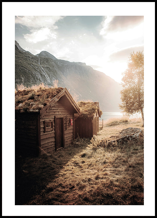 Rustic Houses at Sunset by Lovatnet Lake Plakat