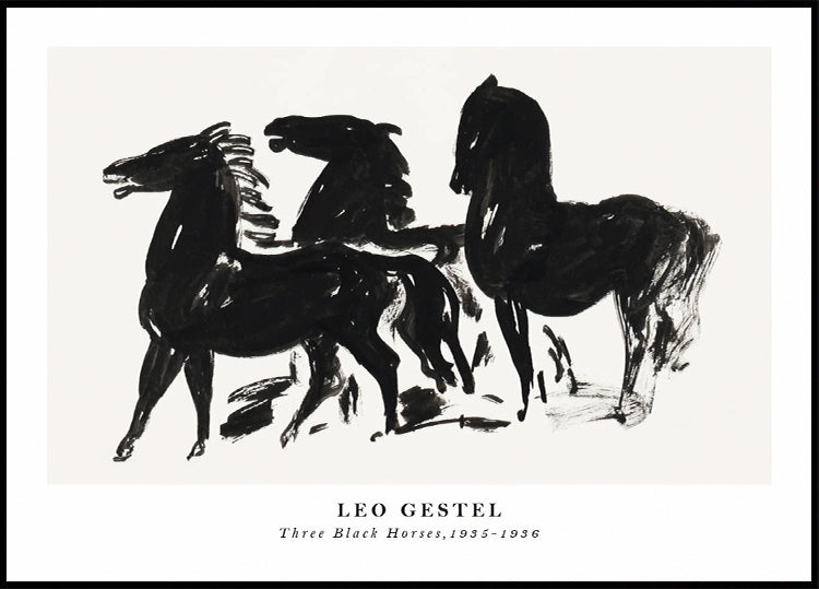 Three Black Horses, Dynamic Ink Sketch By Leo Gestel 1935–1936 Plakat