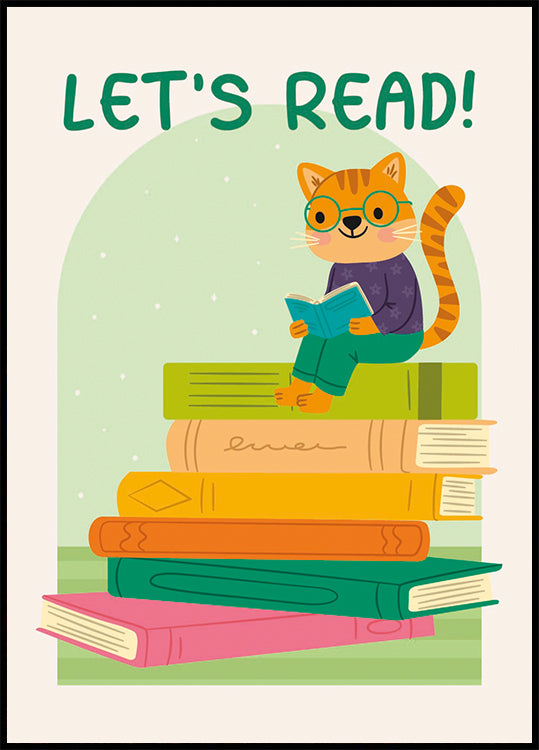 Cat Reading On Book Stack, Let’s Read Plakat