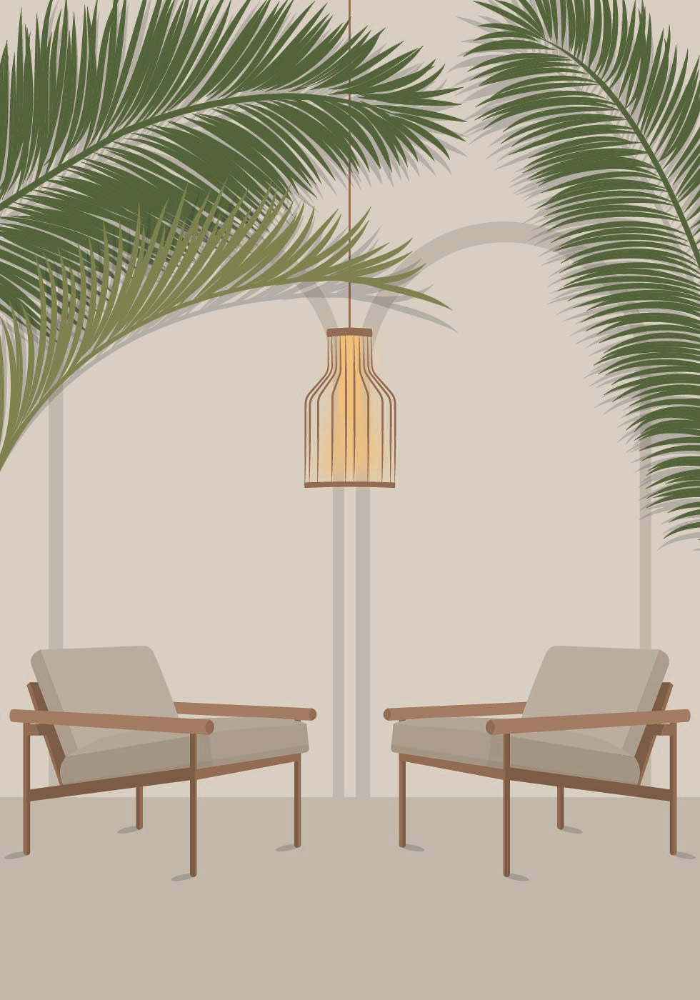 Free Your Mind 1, Modern Tropical Lounge with Palm Leaves and Chairs Plakat