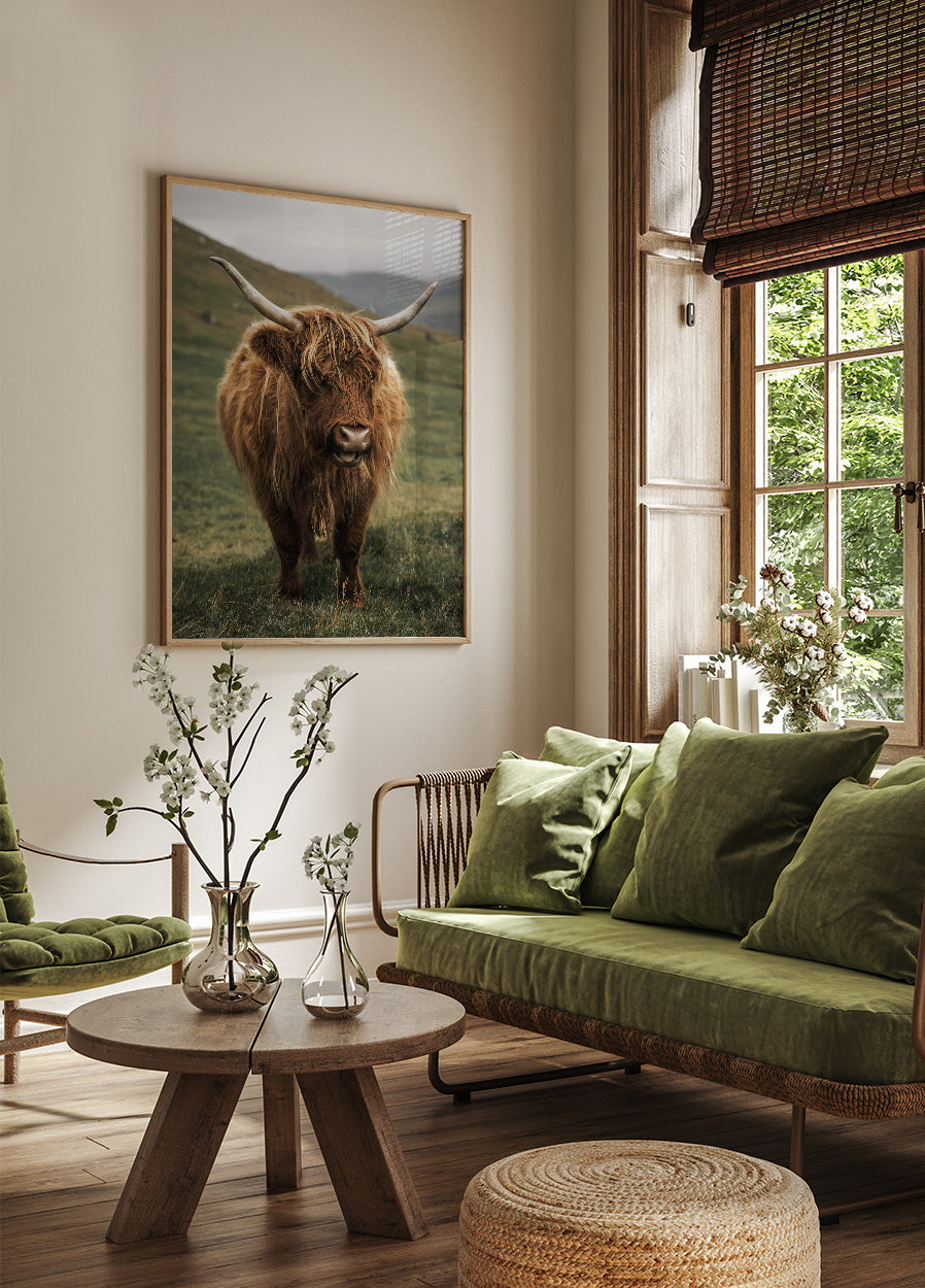 Highland Cow Near a Mountain Plakat