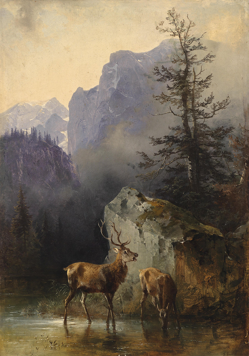 Hirsch Und Tier An Der Tränke By Friedrich Gauermann Plakat