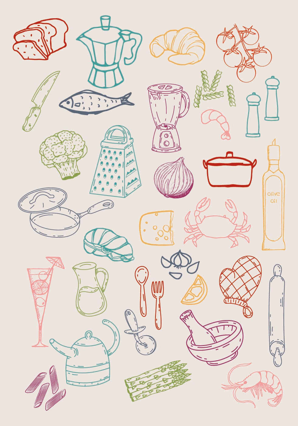 Kitchen Collage, Colorful Cooking Ingredient Icons Plakat – Posterbox.no