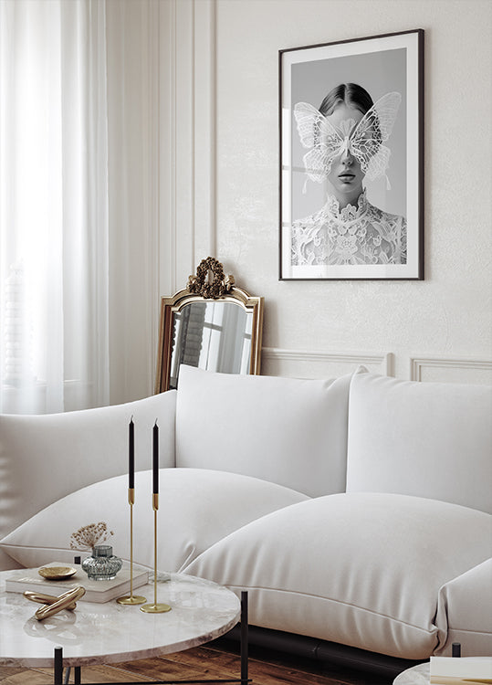 Lady in White with Butterfly Mask Plakat