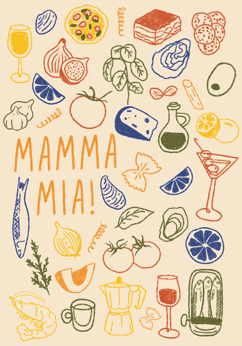 Mamma Mia!, Playful Italian Kitchen With Colorful Food Illustrations Plakat