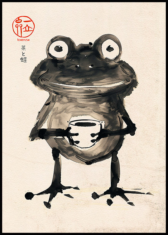 Zen Frog with Tea, Japanese Ink Art Plakat