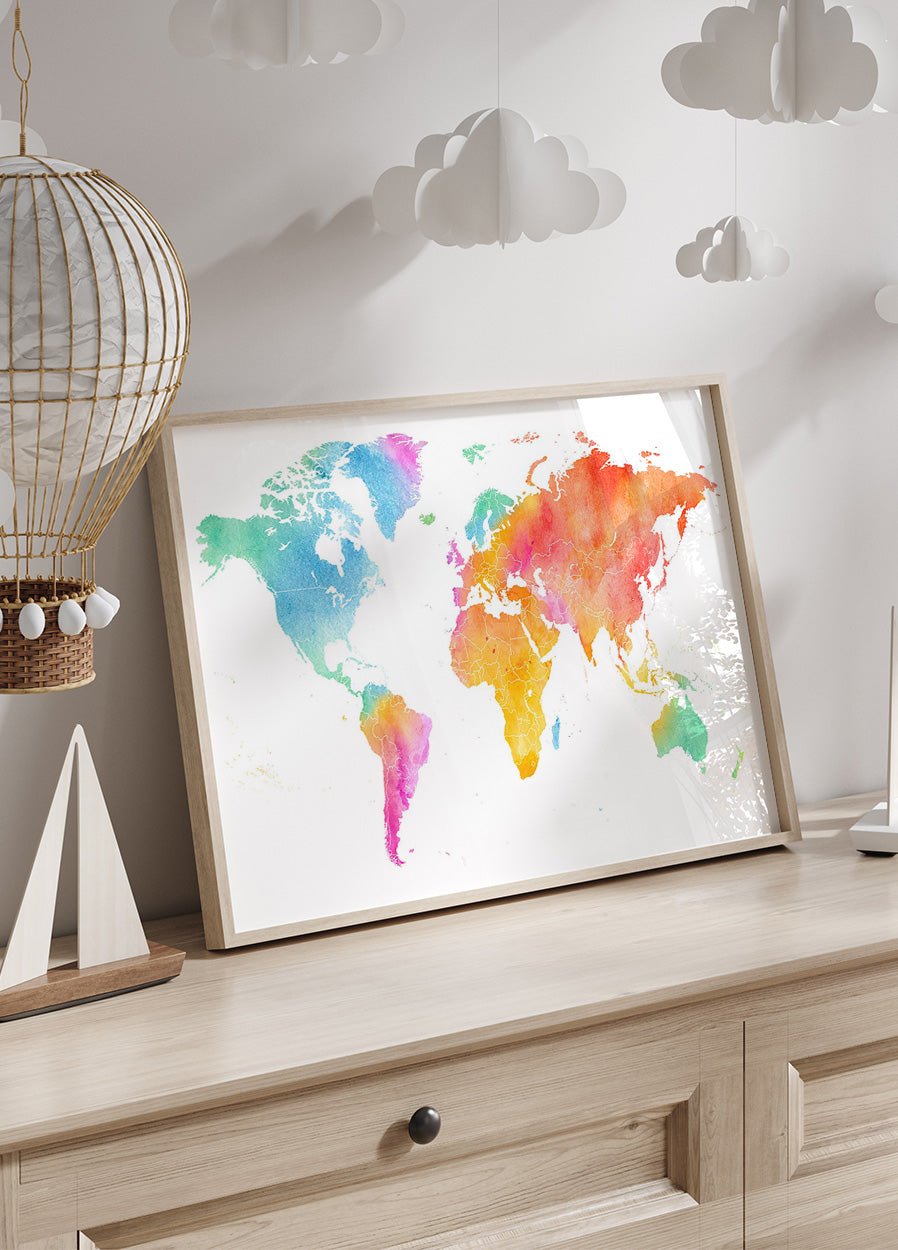 Multicolor Watercolor World Map Plakat – Posterbox.no