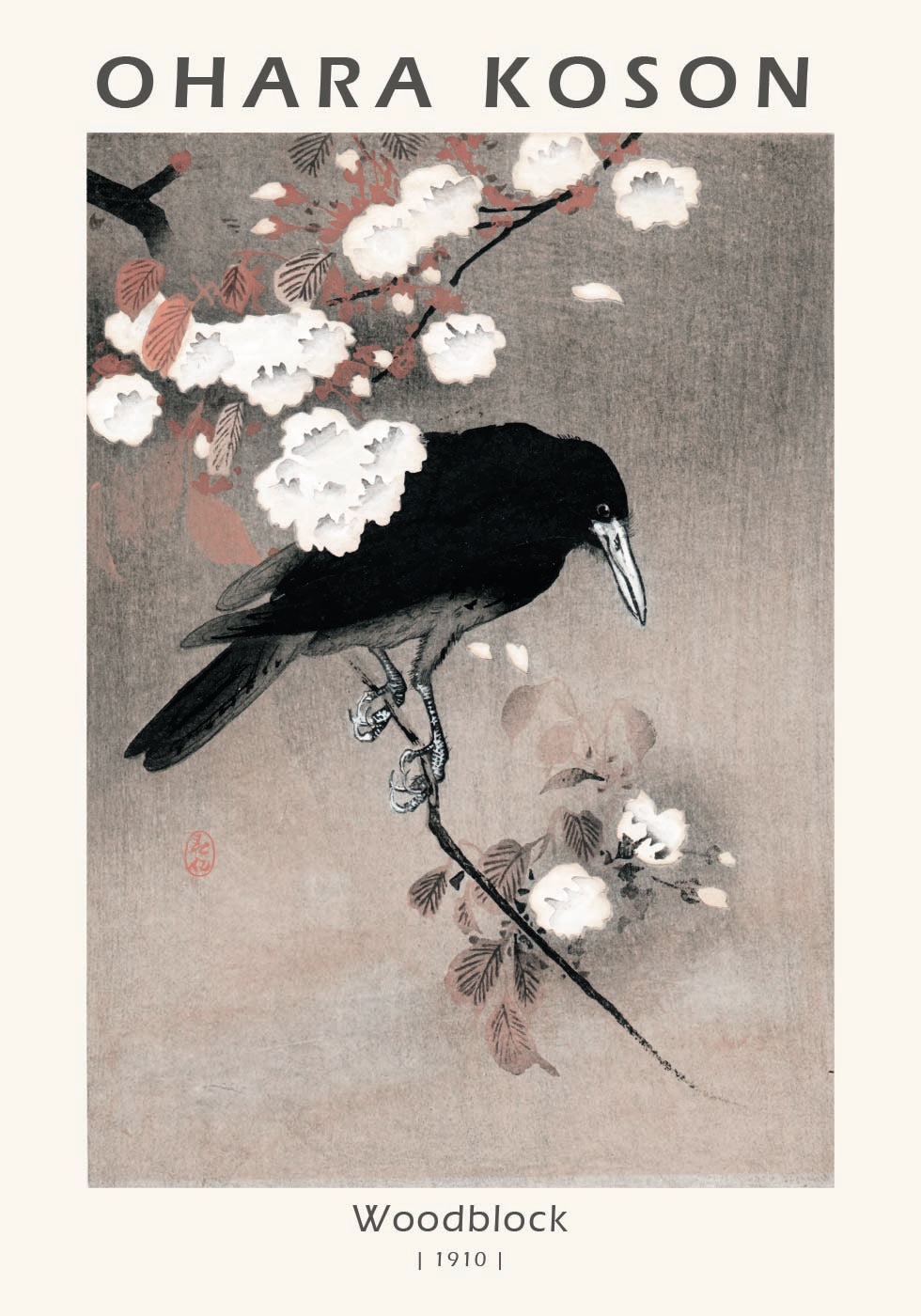 Woodblock, Crow on Cherry Blossom Branch By Ohara Koson Plakat