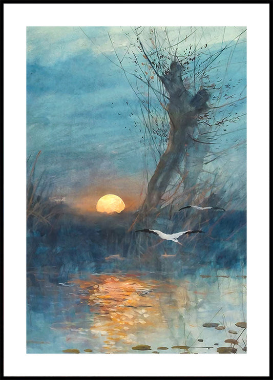 Sunset Over The Pond With Storks Plakat