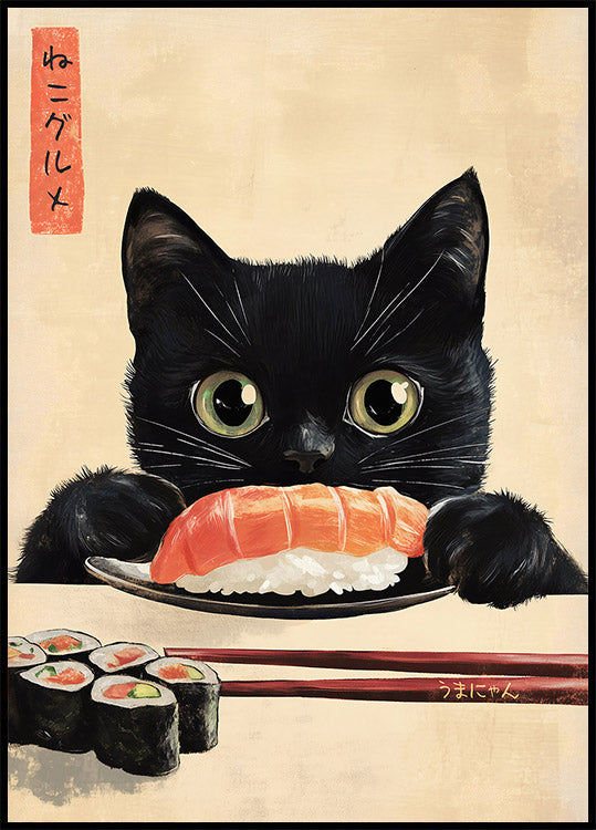 Sushi Lover Cat, Japanese-Inspired Feline Art Plakat