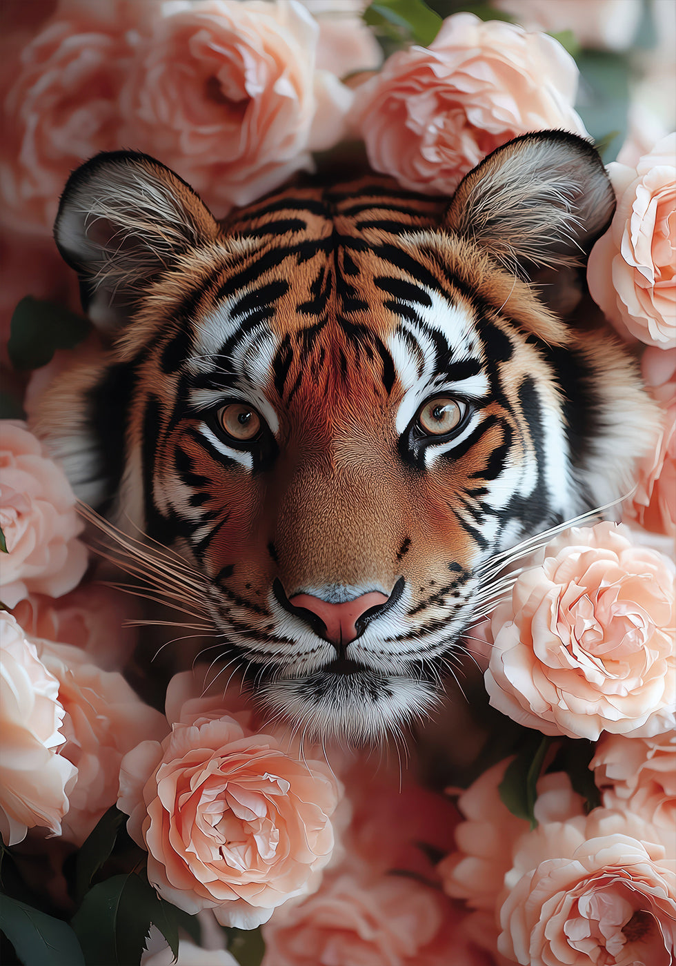 Tiger Among Peach Roses Plakat