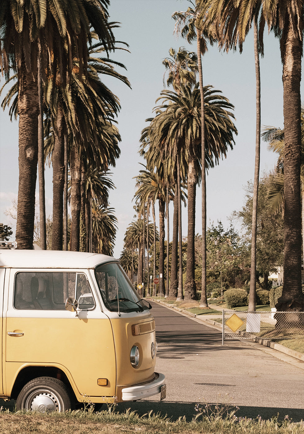 Vintage Yellow Van Among California Palm Trees Plakat