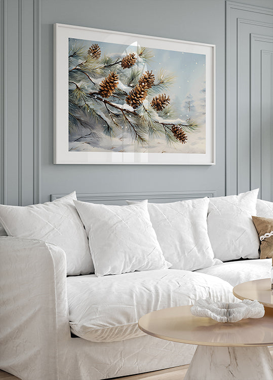 Watercolor Snowy Pine Branches with Cones Plakat