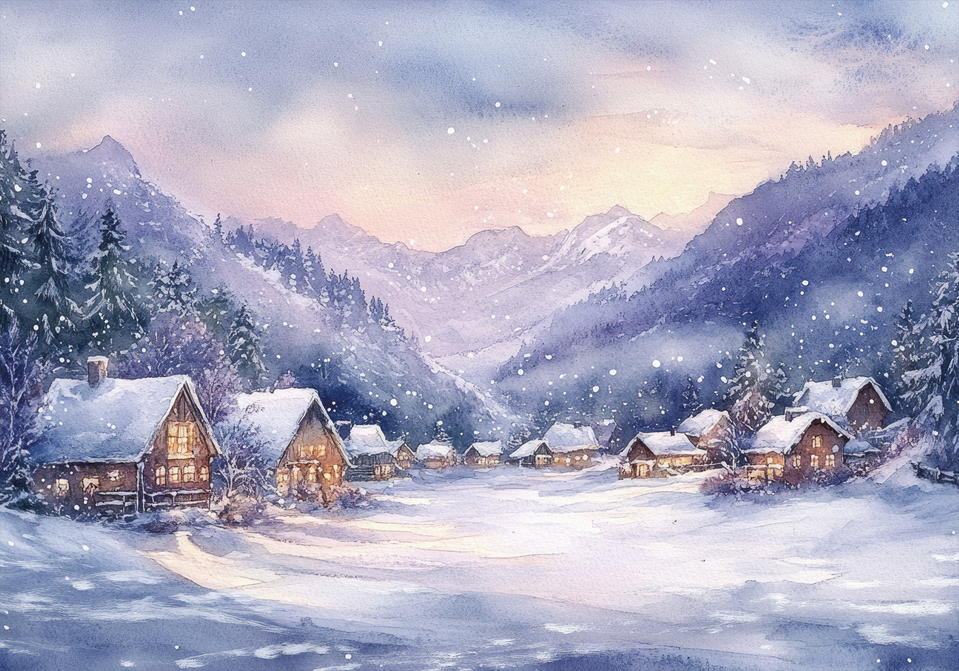 Watercolor Winter Mountain Village Plakat