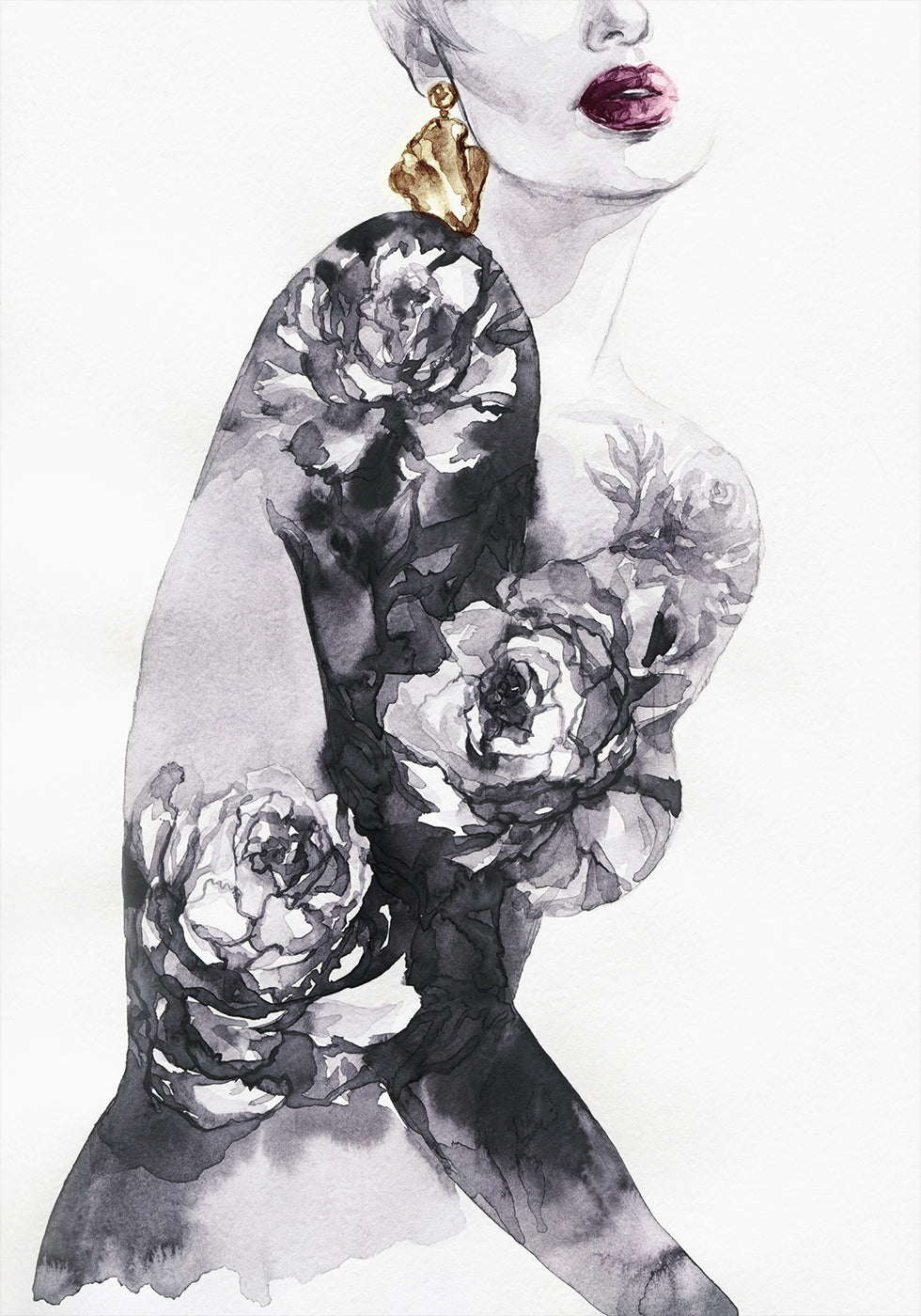 Watercolor Woman with Flowers Plakat
