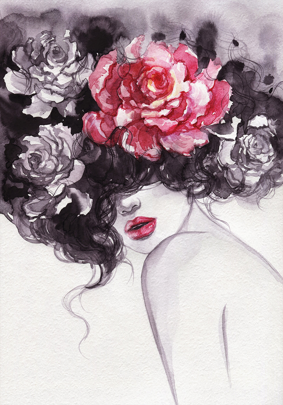 Watercolor Woman with Flowers Plakat