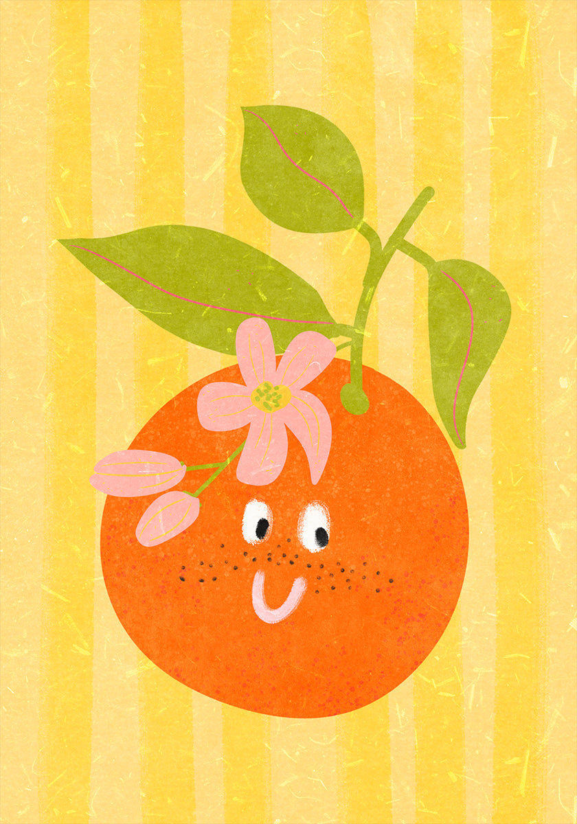 A cheerful orange fruit with a face and leaves, set against a striped yellow background.