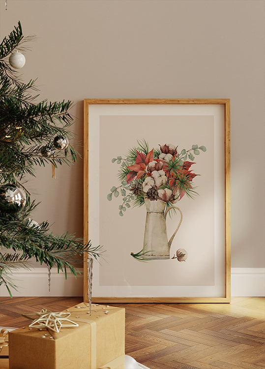 a picture of a vase of flowers on a table next to a christmas tree