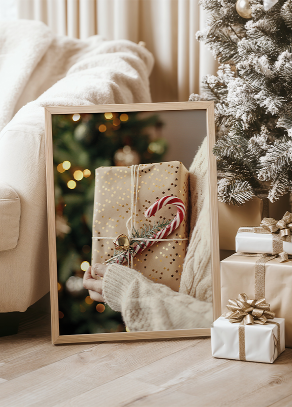 a picture of a christmas present in front of a christmas tree