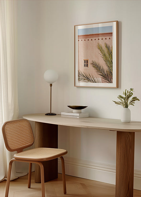 Palm leaves and a clay building in Morocco Plakat
