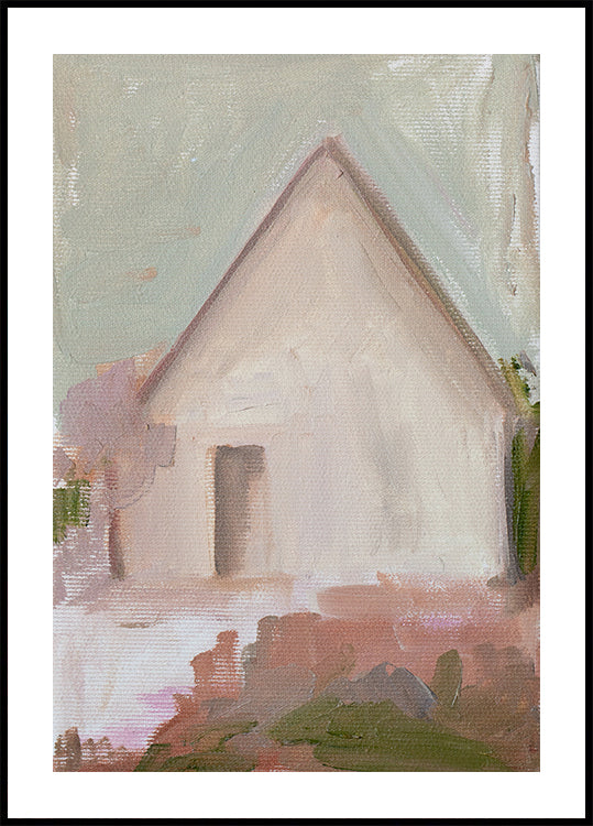The image is an abstract painting depicting a house with a triangular roof and a small porch.