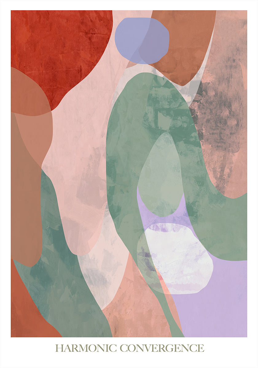 The image is an abstract art piece with a harmonious convergence of various shapes and colors, including shades of red, green, blue, and purple.