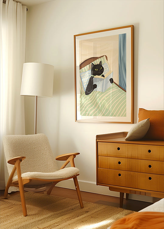 Cat Reading Print – Black Cat Wall Art, Cosy Bedroom Plakat, Book Lover Cat Illustration, Cat in Bed Print, Reading Decor, Cat Book Art Plakat