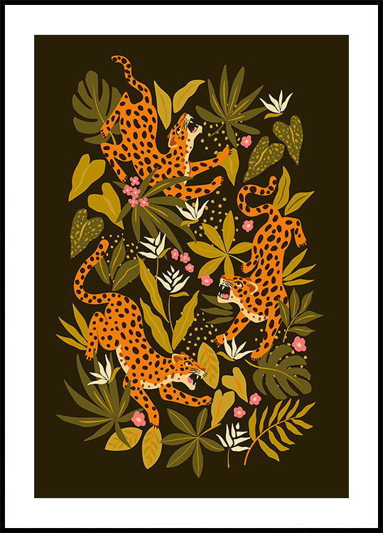 Leopards or jaguars with tropical leaves and plants on dark black background Plakat