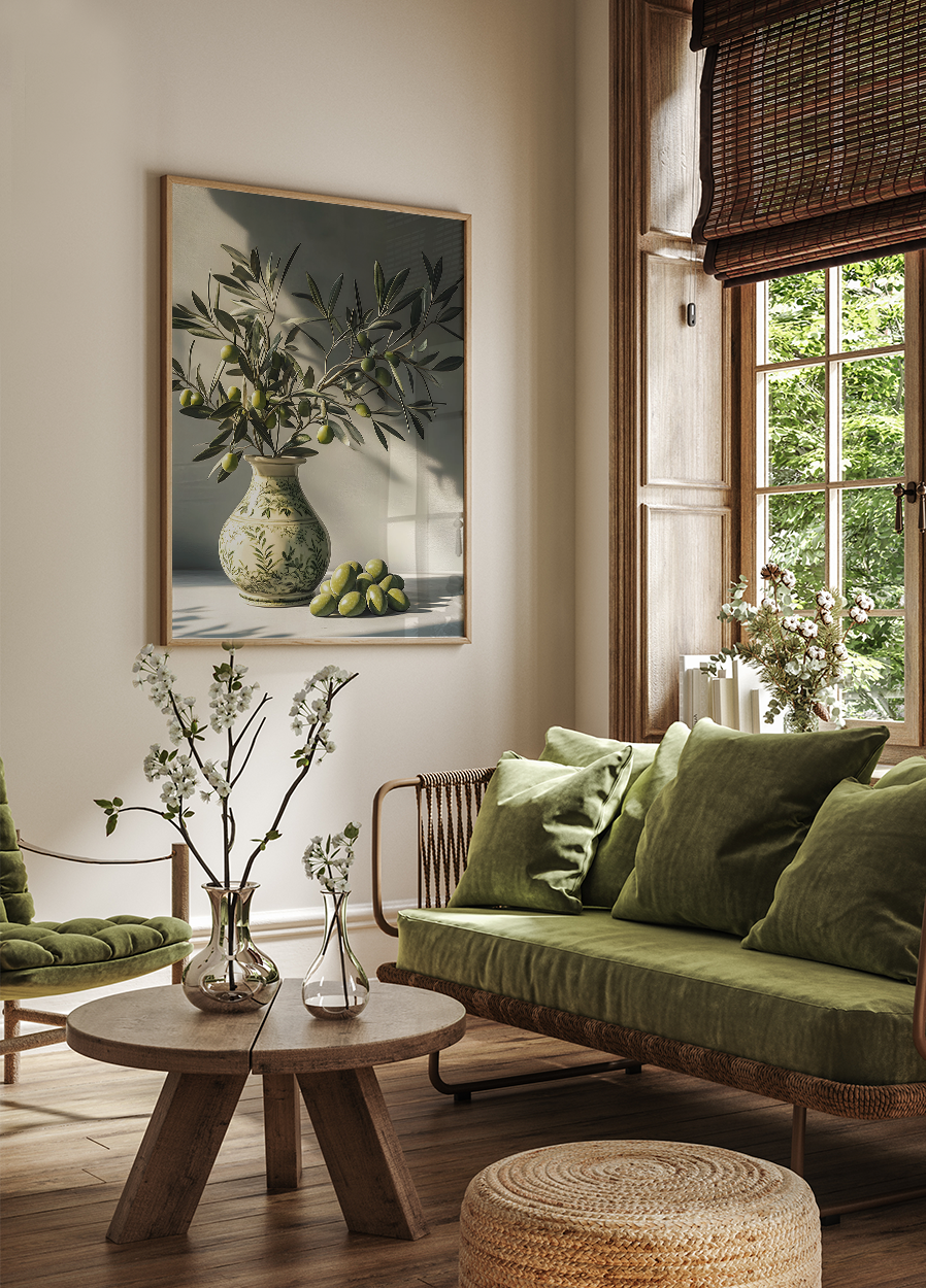 a living room filled with furniture and a painting on the wall