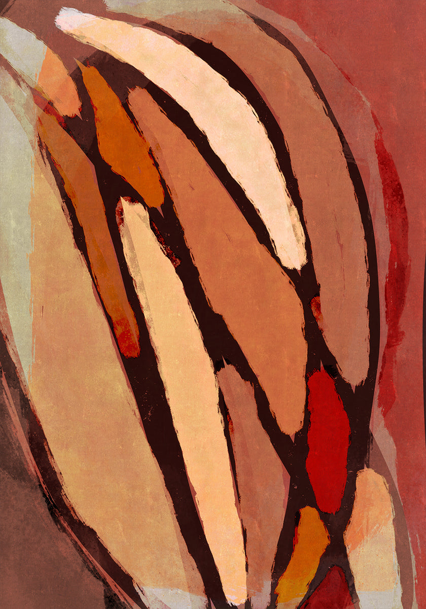 The image is an abstract painting with bold, overlapping shapes in various shades of brown, orange, and red. The composition creates a dynamic and visually striking abstract artwork.