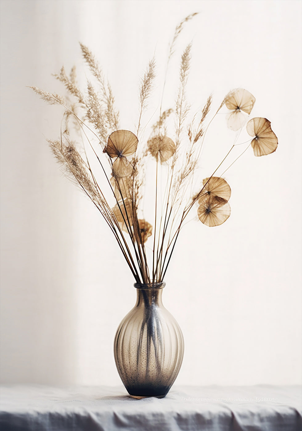 a vase filled with dried flowers on top of a table