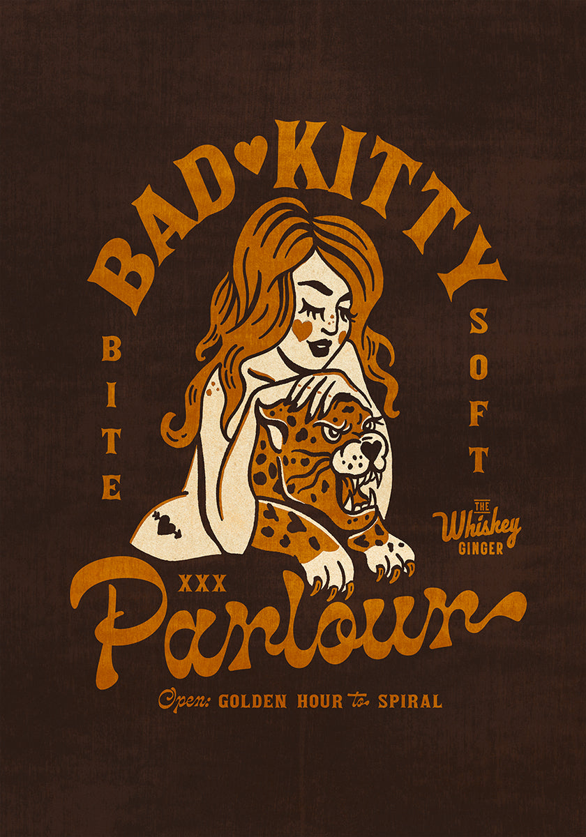 Bad Kitty Pin Up Art. Dive Bar Cocktail Plakat