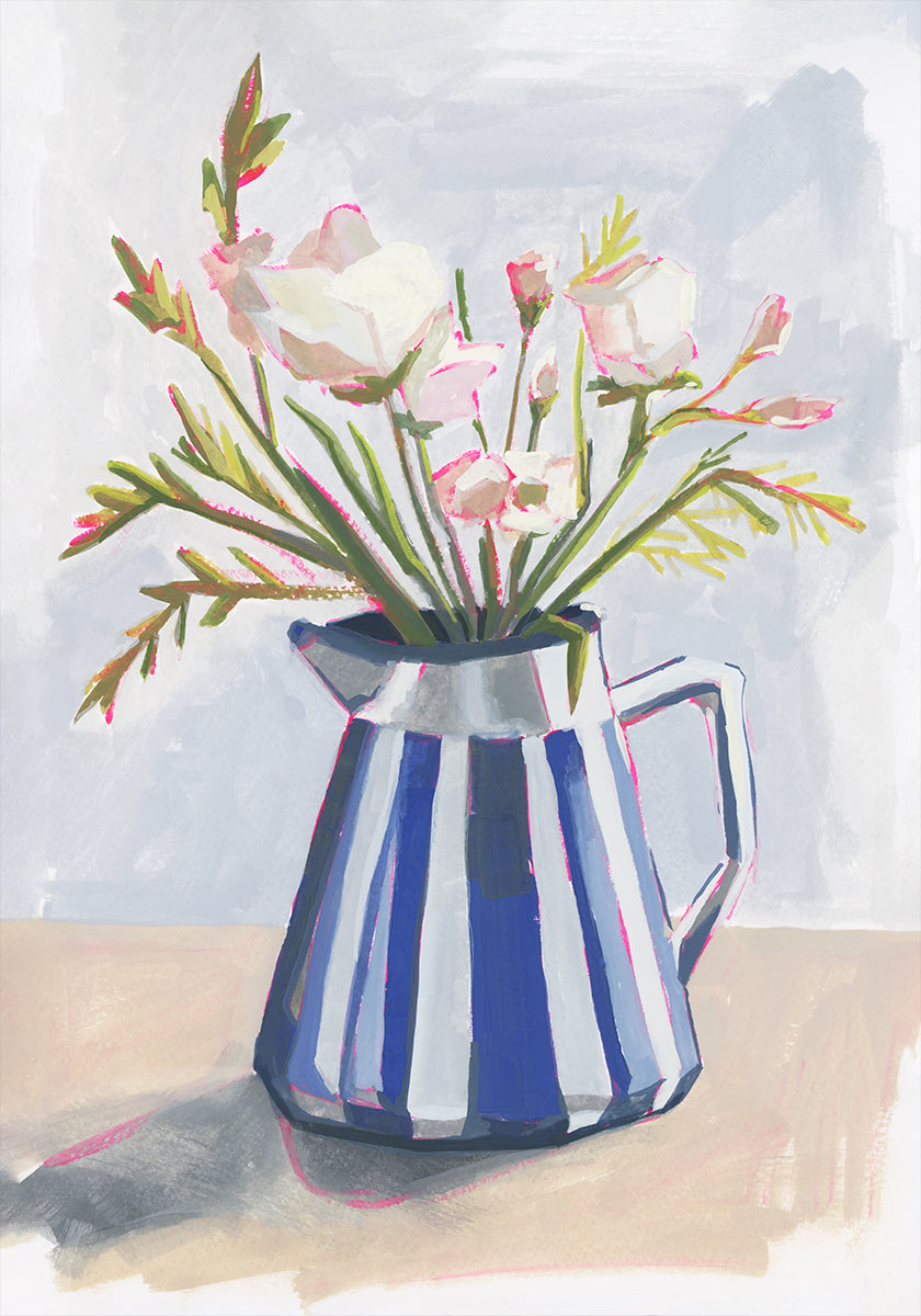 Fresh flowers in a striped vase I Plakat
