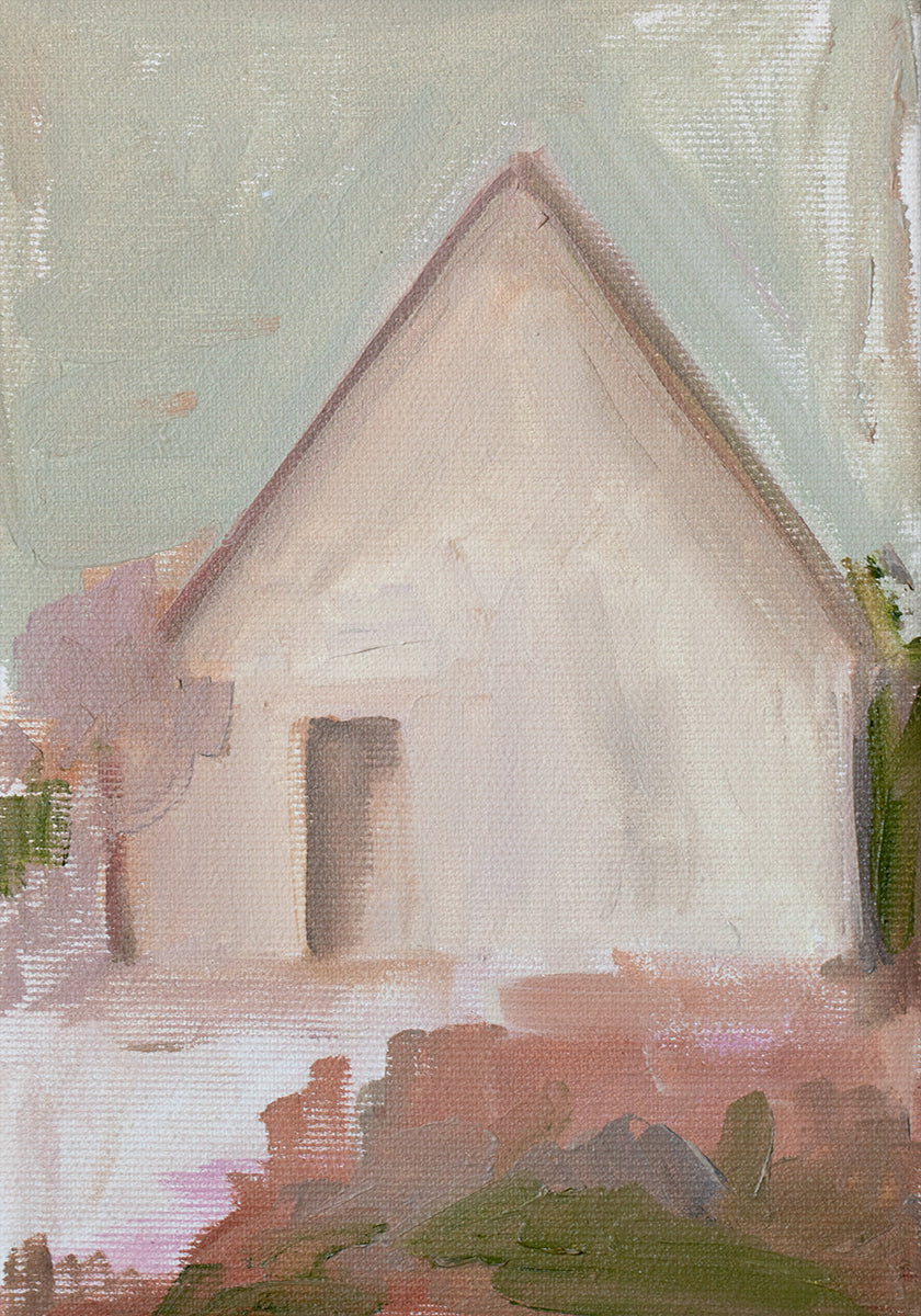 The image is an oil painting depicting a white house with a triangular roof set against a pale green background.