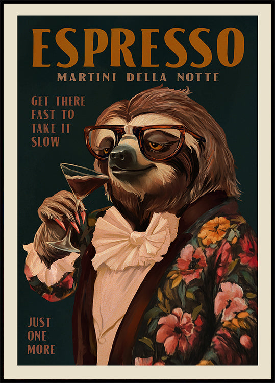 Art Deco Espresso Martini Drinking Sloth Plakat
