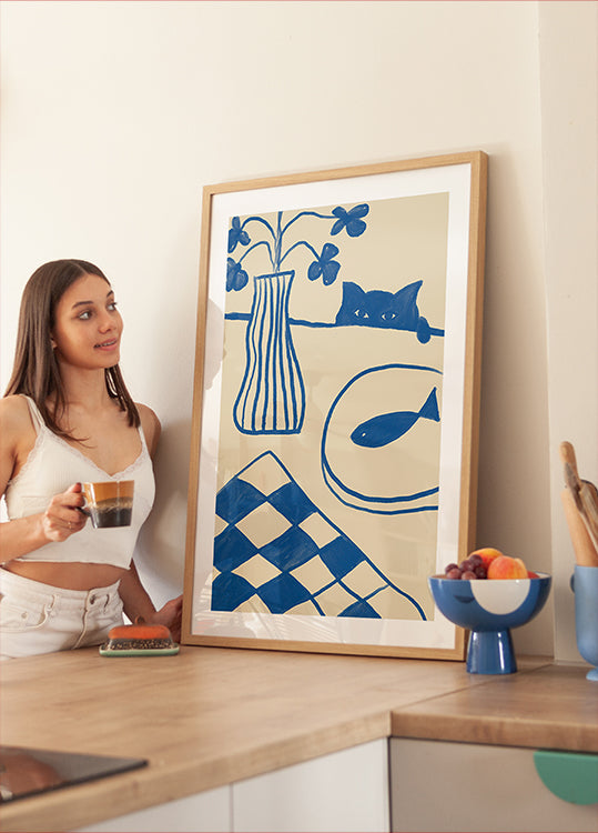 Blue Cat And Fish Plakat