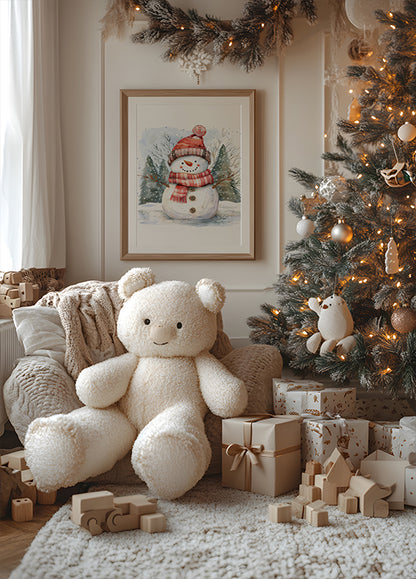 a teddy bear sitting next to a christmas tree