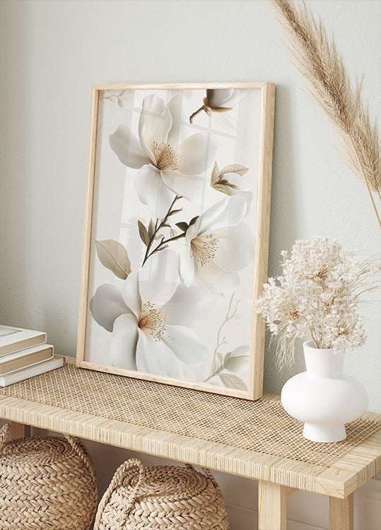 a picture of a white flower on a shelf