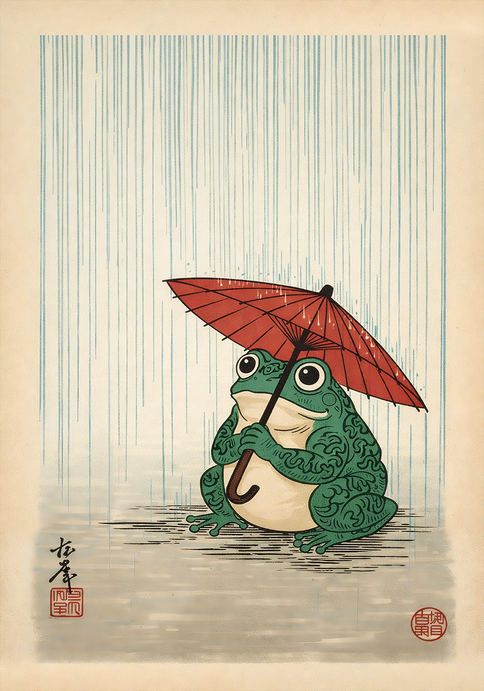 Japanese Frog with Umbrella Poster, Woodblock Art Print Plakat