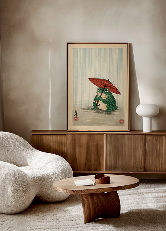 Japanese Frog with Umbrella Poster, Woodblock Art Print Plakat