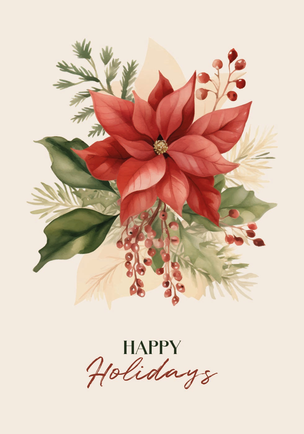 a christmas card with a poinsettia and holly