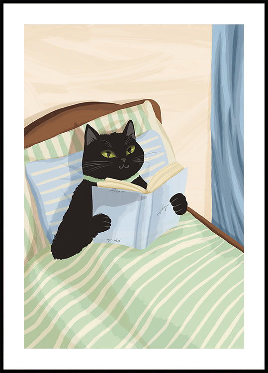 Cat Reading Print – Black Cat Wall Art, Cosy Bedroom Plakat, Book Lover Cat Illustration, Cat in Bed Print, Reading Decor, Cat Book Art Plakat