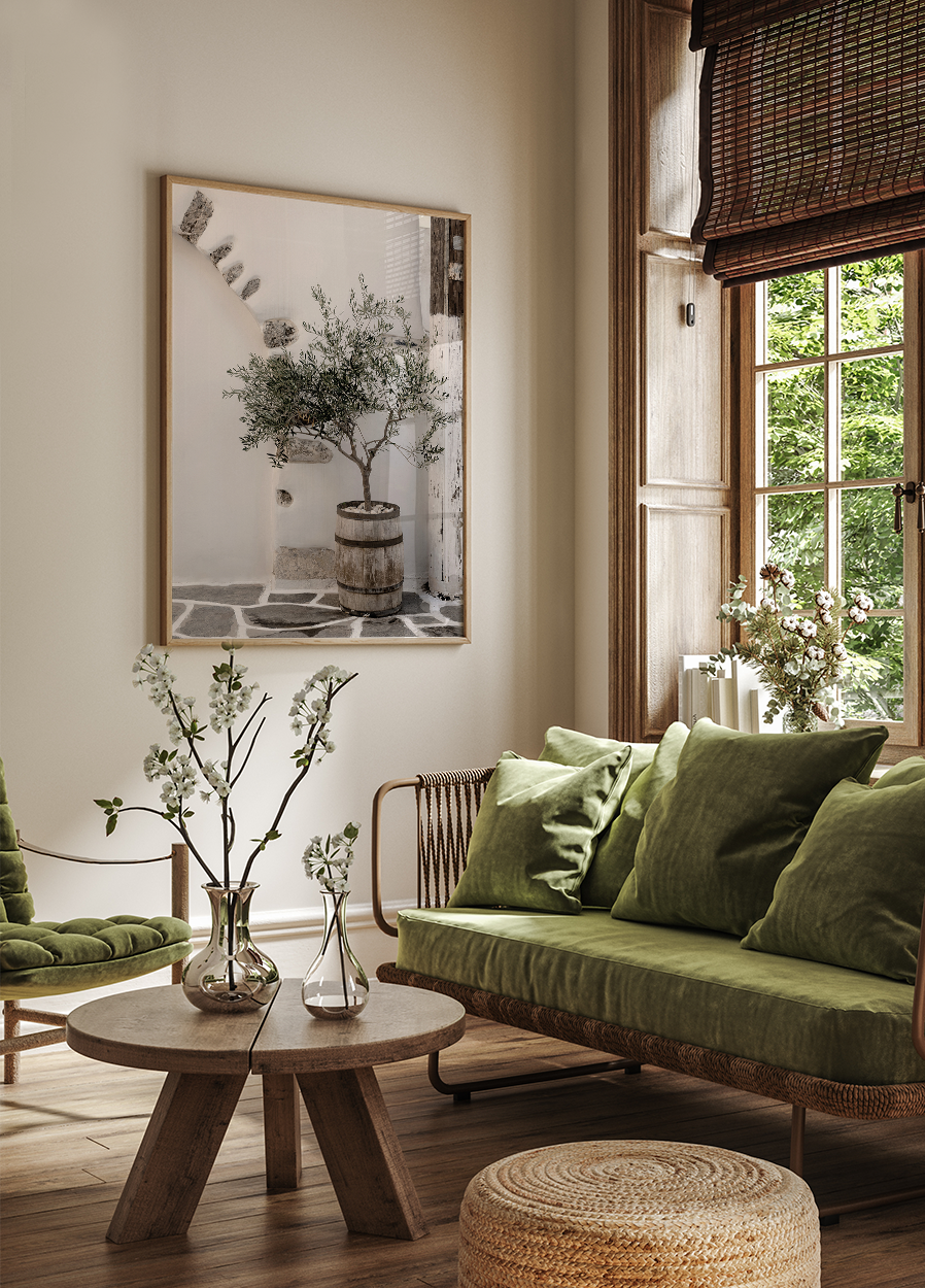 a living room with a couch, chair and table