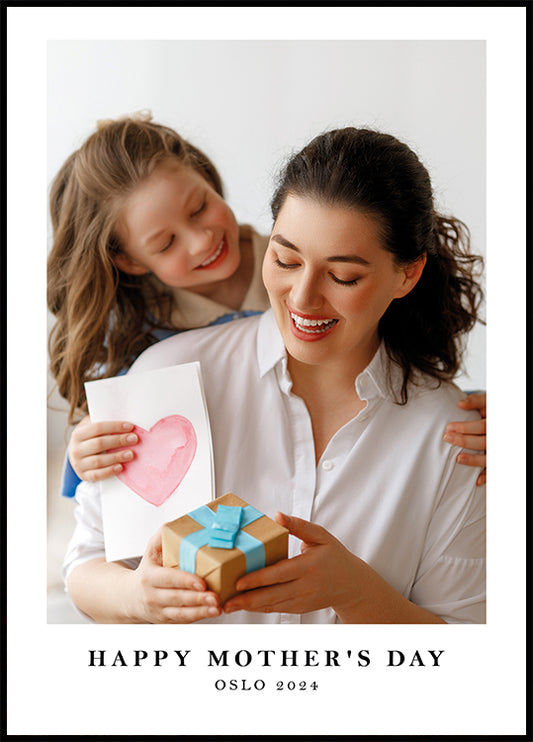 a mother's day card with a picture of a girl holding a present