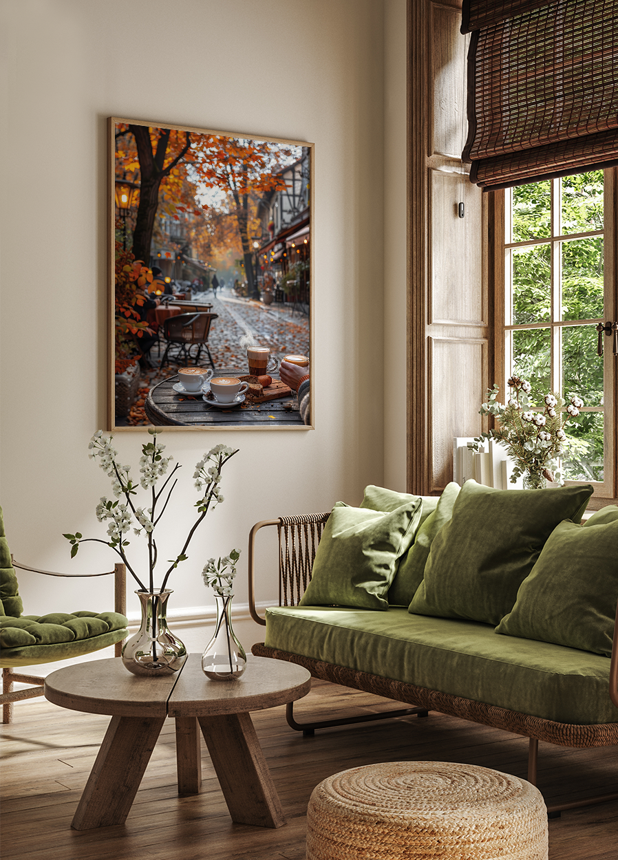 a living room filled with furniture and a painting on the wall