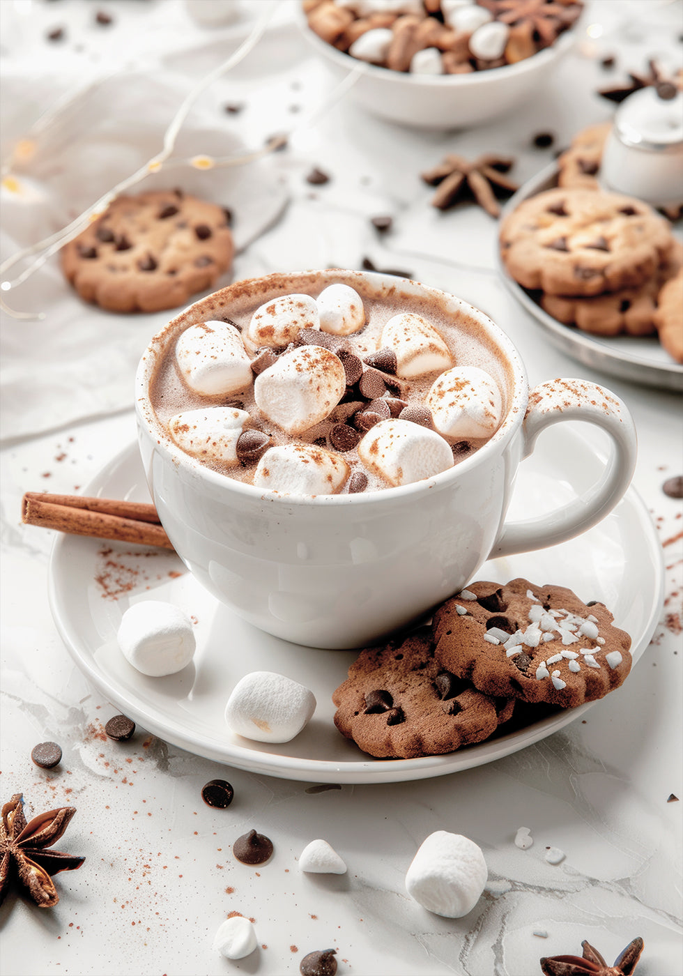 a cup of hot chocolate with marshmallows and star anise