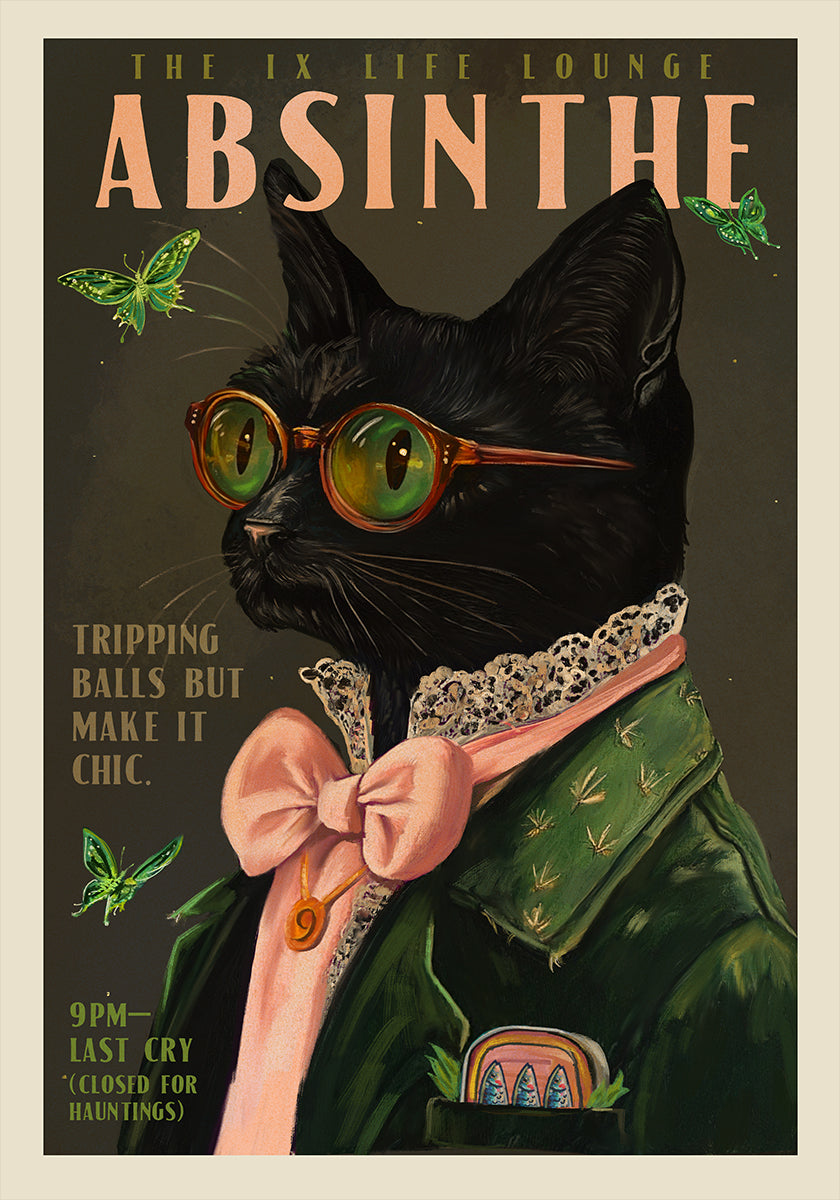 Chic Absinthe Cat Alcohol &amp; Cocktail Bar Art Plakat