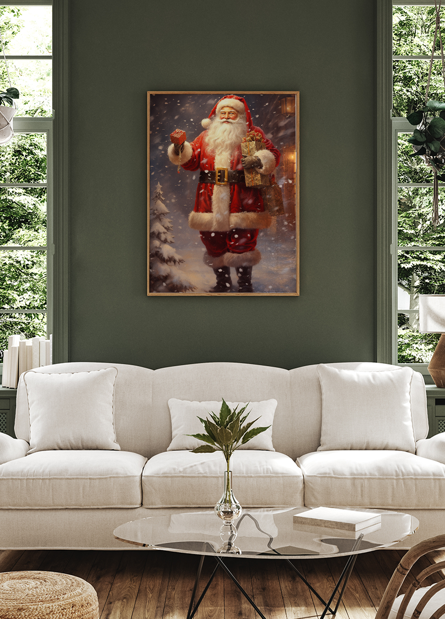 a living room with a white couch and a painting of a santa clause