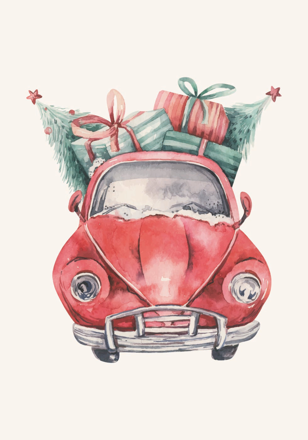 a pink car with presents on top of it