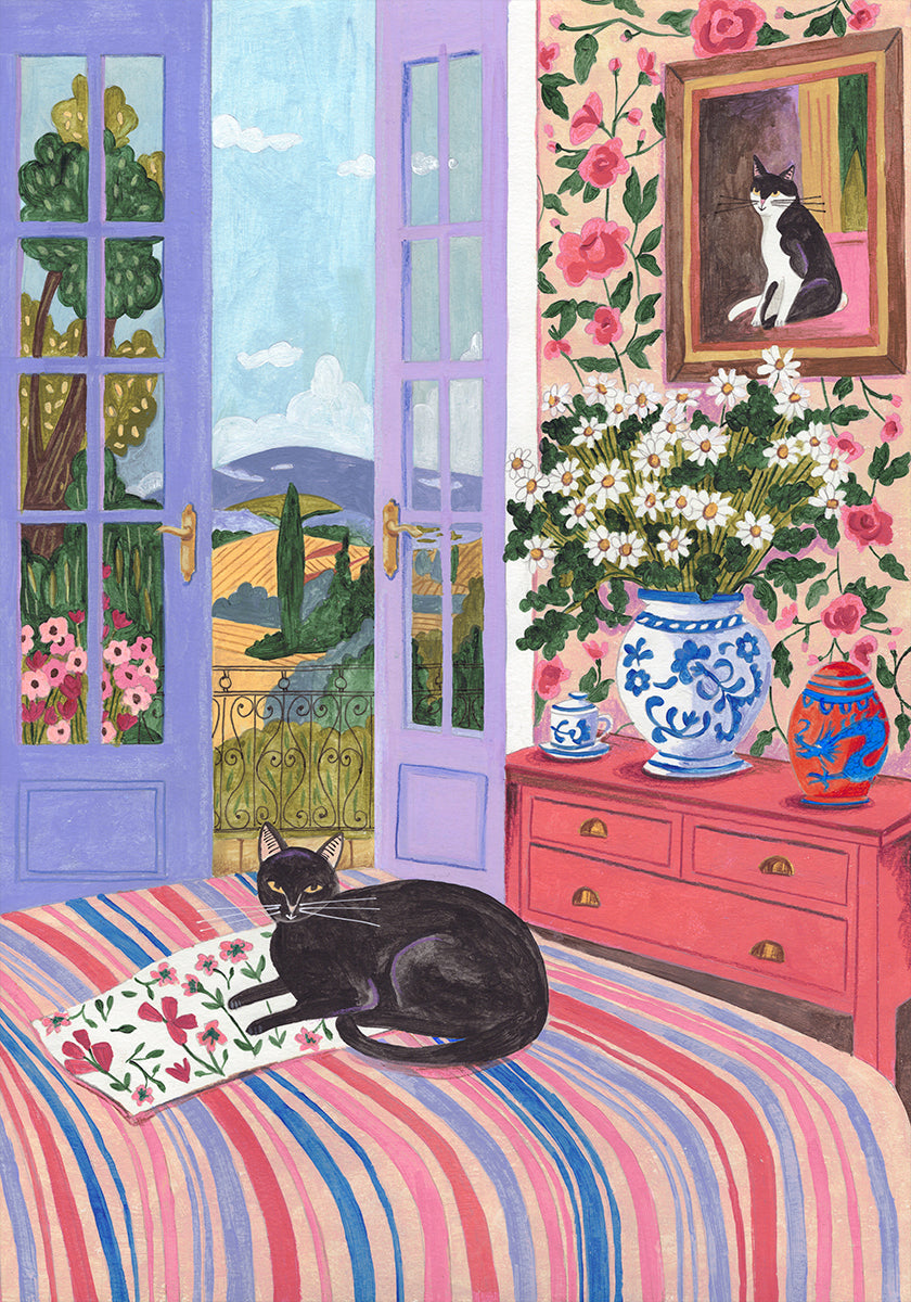 Black Cat on Bed French Doors Garden View Plakat